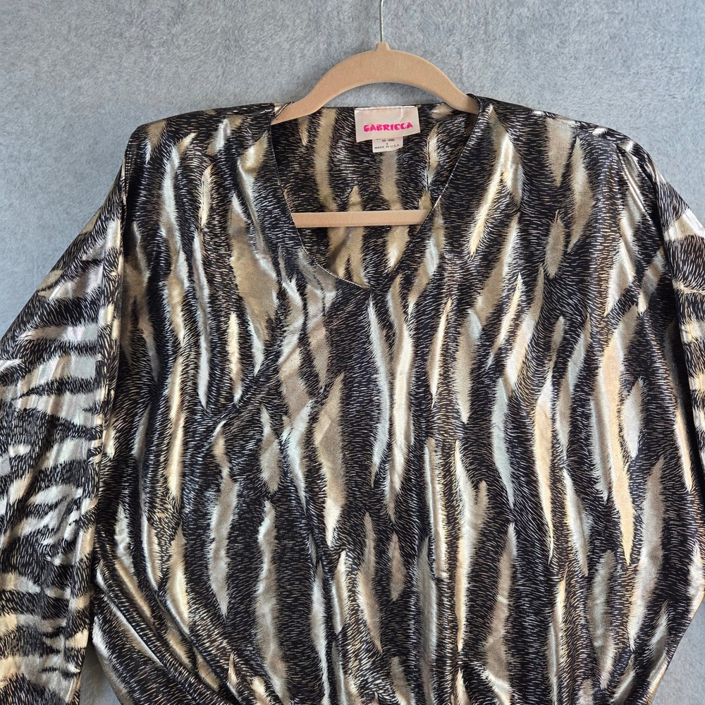 Gabriela Metallic Blouse Women Small Gold Black Tiger Stripe Vintage 80s V-Neck